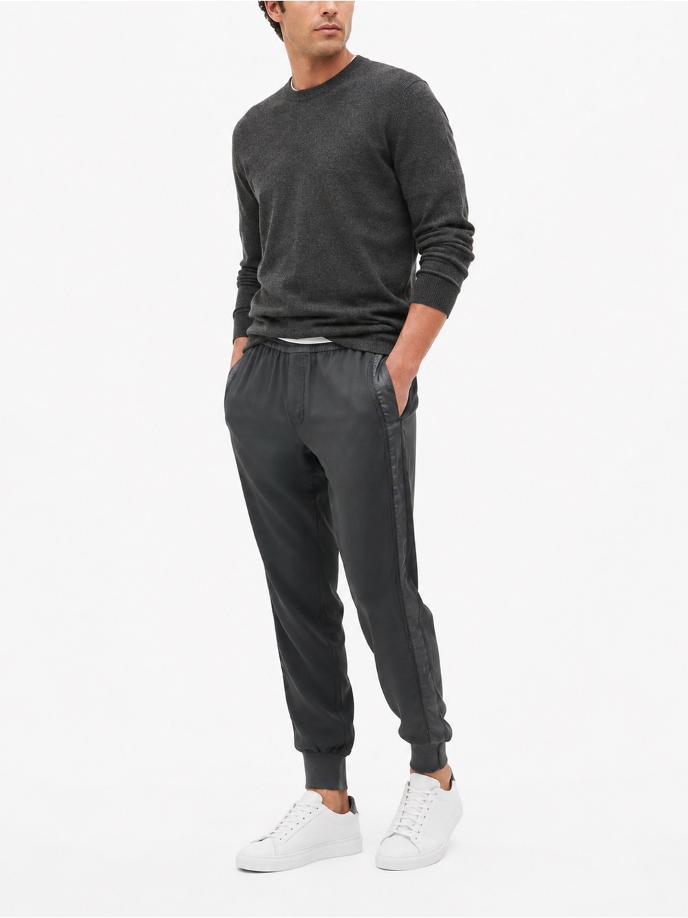 Vince Men’s Jogger Pants Small Gray Satin Trim Ribbed Cuff Pull On